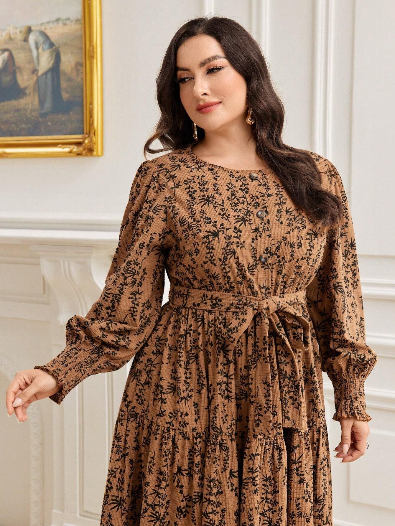 Mulvari plus Ditsy Floral Print Lantern Sleeve Ruffle Hem Belted Dress