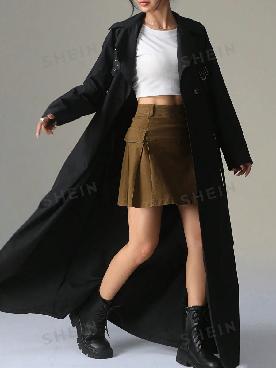 SHEIN EZwear ريشة طويلة إضافية صلبة اللون مزدوجة الصدر أكمام طويلة