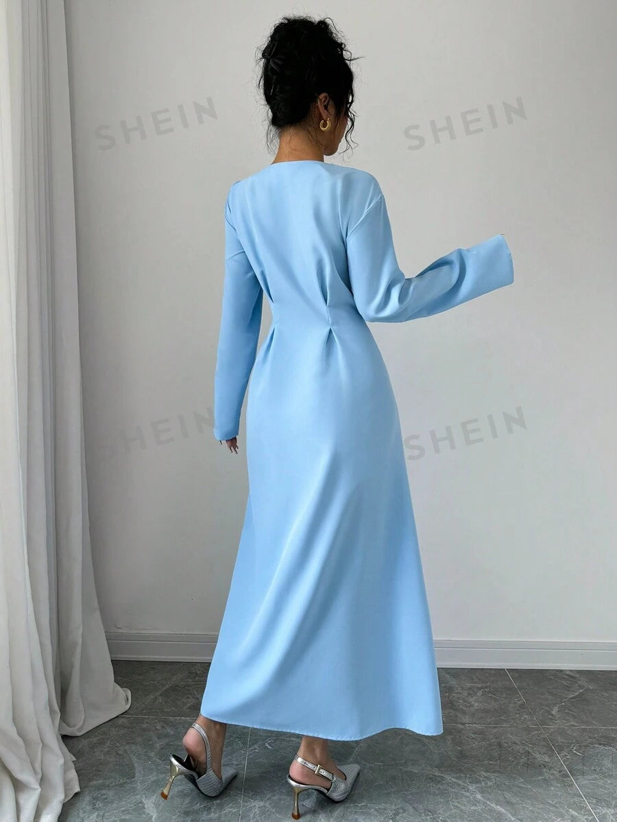 SHEIN Elenzya فستان أنيق للنساء بأكمام طويلة والياقة الدائرية مفتوح الأمام منطقة الخصر مربوط بحزام شريط ثنائي اللون أسود مناسب للارتداء اليومي والمريح