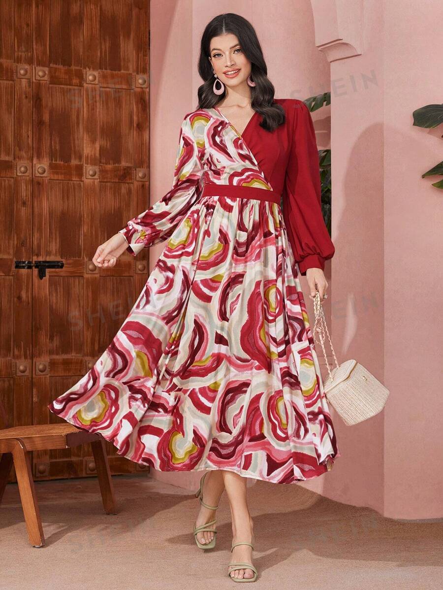 SHEIN Modely فستان نسائي بأكمام فانوسية و قطع ورقية مطبوعة