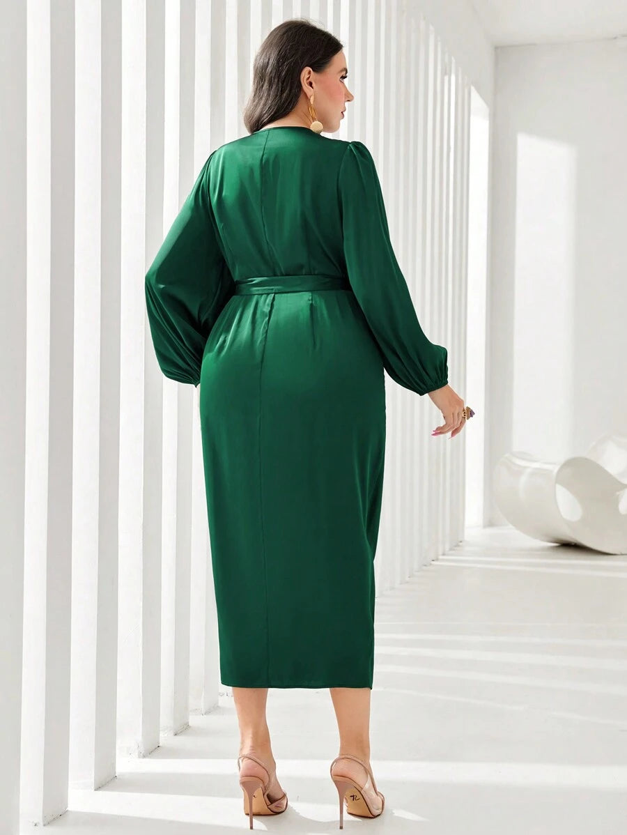 SHEIN Modely فستان ملفوف بالجانب بأكمام فوانيس، للكريسماس