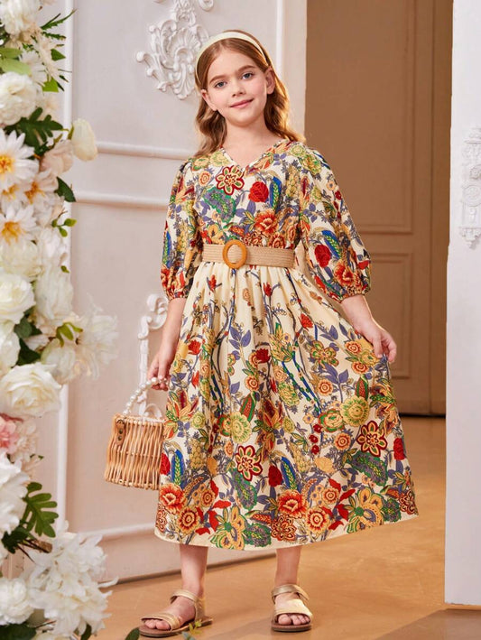 SHEIN Kids فستان بنات طباعة زهرية بأكمام قنديل مشدودة