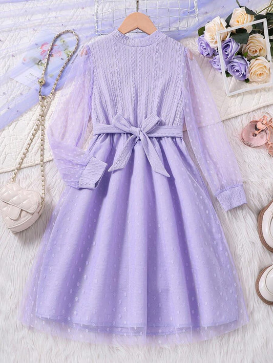 SHEIN Kids فستان بنات اكمام شبكة منتفضة