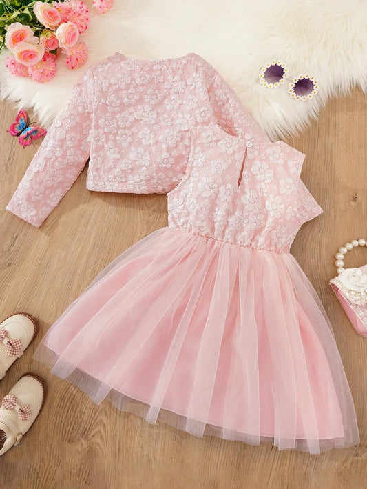 SHEIN Kids فستان بنات صغيرة بتصميم جاكار مزين بقوس أمامي وحاشية شبكية مع جاكيت