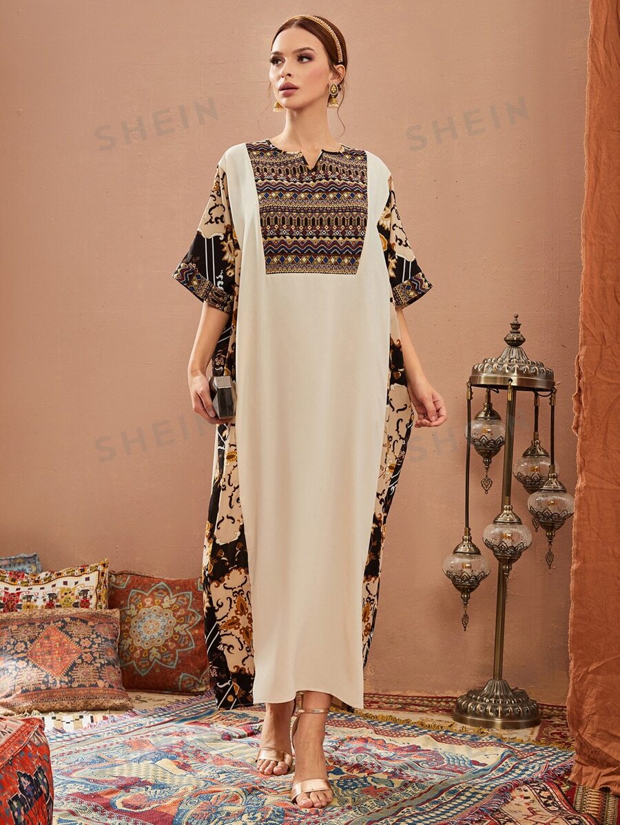 SHEIN Najma قفطان بياقة حرف في وجرافيك جيو