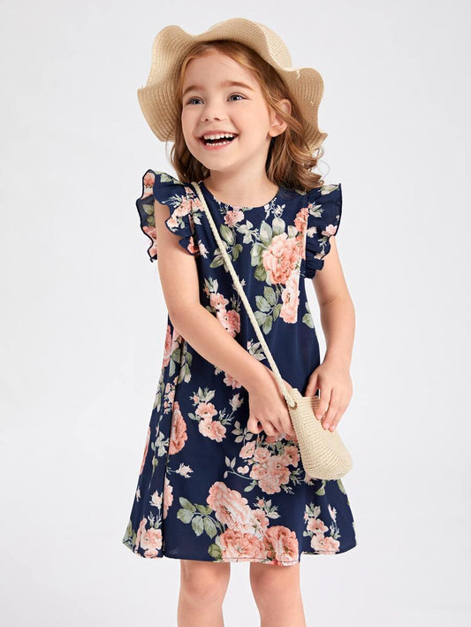 SHEIN Kids فستان بنات فتيات صغيرة بطبعة زهور وأكمام فراشة