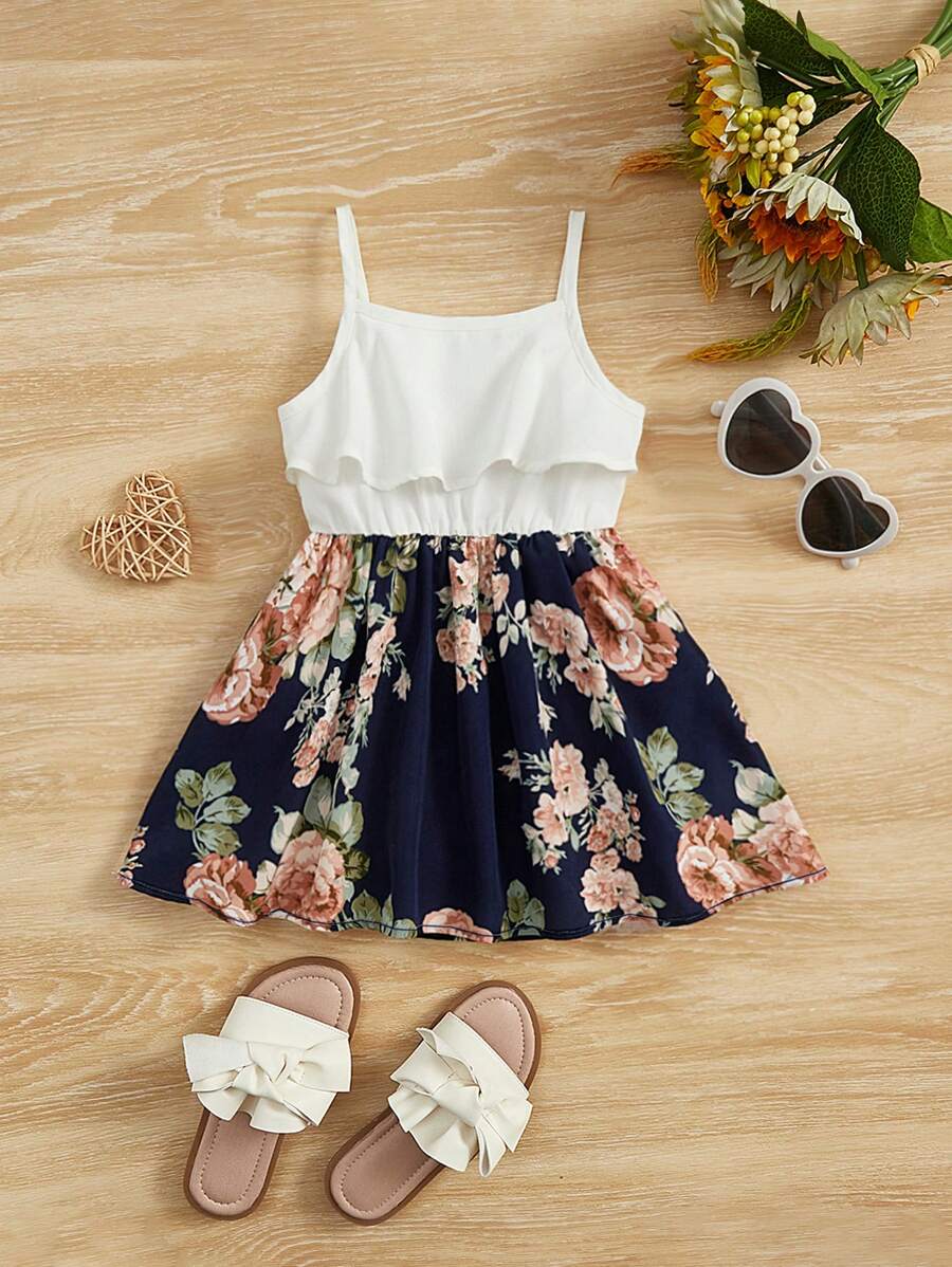 SHEIN Kids فستان بنات أطفال بطبعات زهور وتفاصيل كشكش