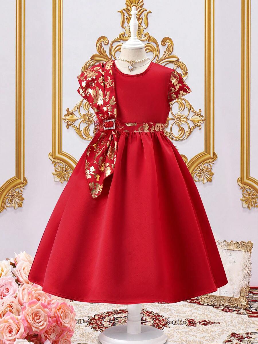 SHEIN Kids فستان بنات زهري مطبوع للفتاة الصغيرة بياقة مستديرة مع تفاصيل ذهبية من الفويل