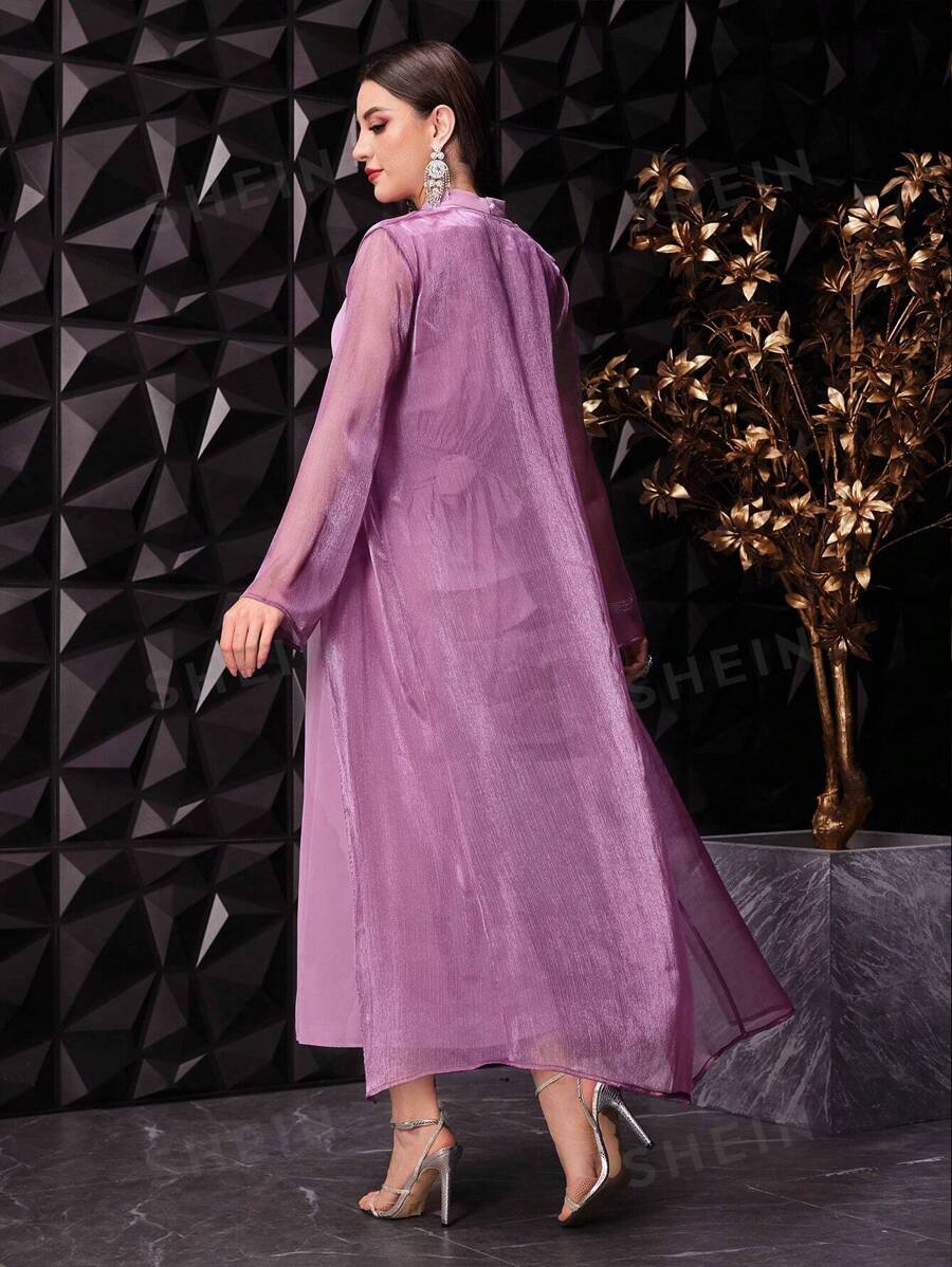 SHEIN Modely فستان نسائي بياقة متوسطة الارتفاع بلون صامد وسترة عادية شفافة بنفسجيتين