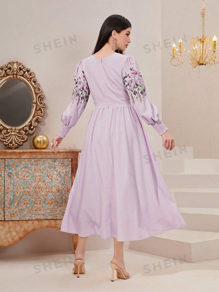 SHEIN Modely فستان بشريط A طباعة الأزهار أكمام فانوس