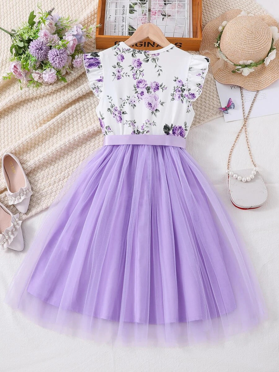 SHEIN Kids CHARMNG فستان بنات فتيات مراهقات طبعات زهور مع تقليم روفل وحاشية من الشبكة