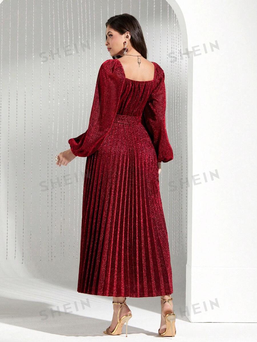 SHEIN Modely فستان نسائي بقصة أيه لاين وأكمام بيجامة مزينة بالبريق وحاشية مجمعة، فستان سهرة طويل أنيق