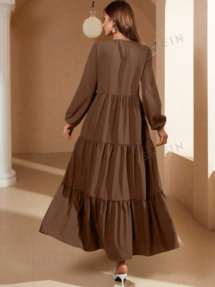 SHEIN Mulvari فستان طويل بأكمام طويلة مطوي بربطة أمامية باللون الواحد - ارتداء يومي عادي، طقم نسائي ماكسي بني اللون