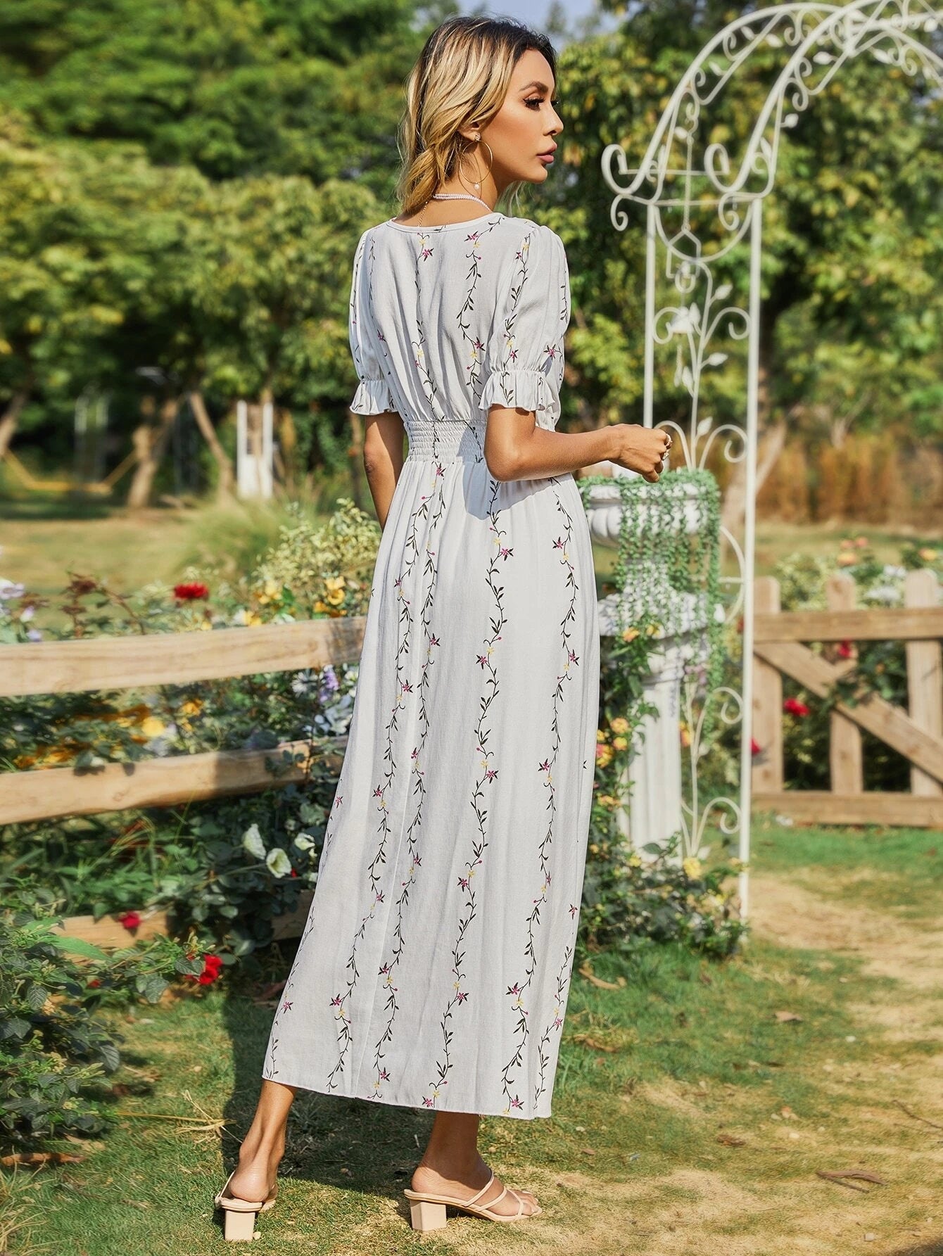 Mulvari Plants Print Surplice Front Shirred Waist Dress