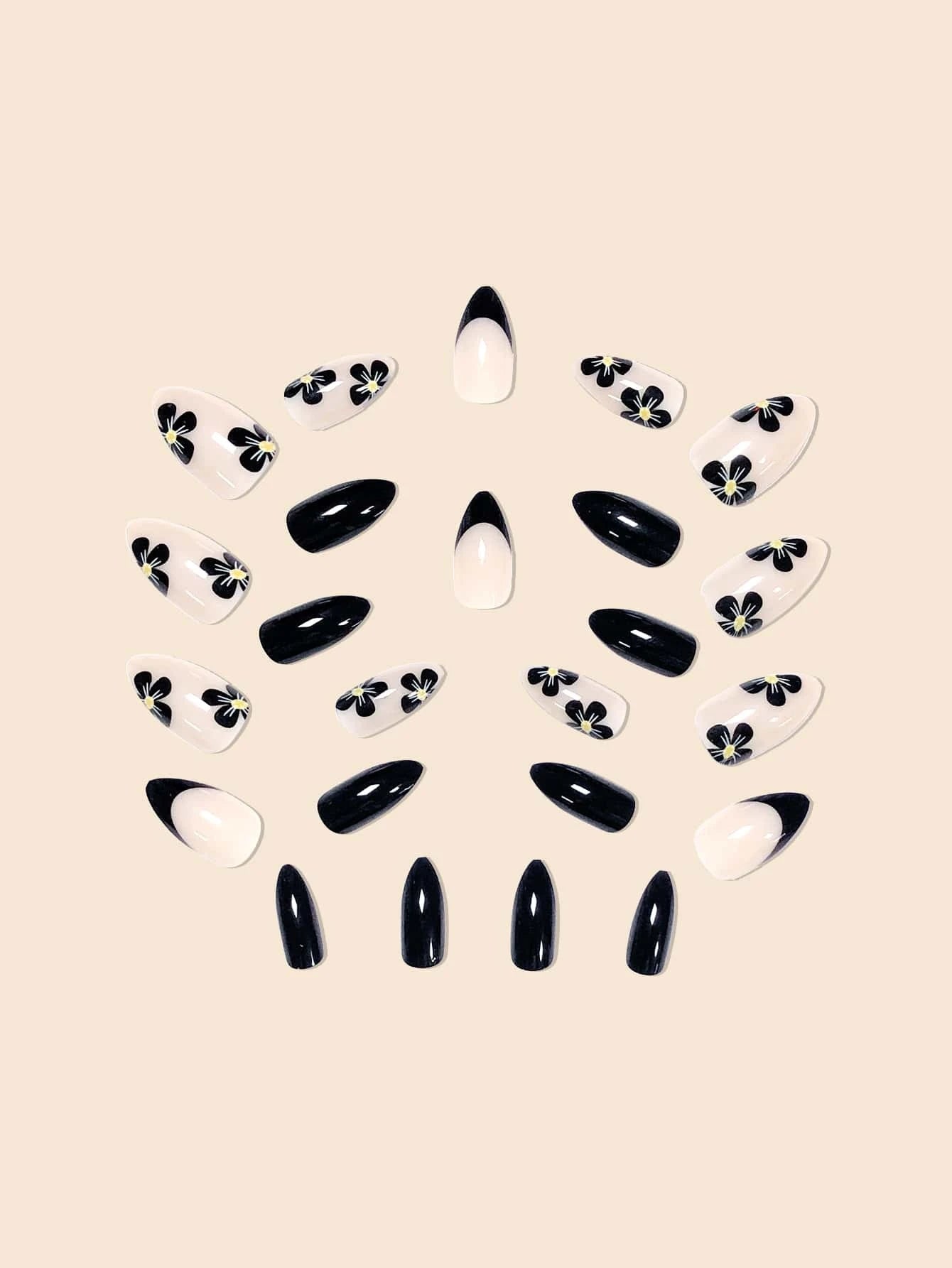24Pcs False Nails in Waterdrop Shape, Black French Manicure with Small Flowers & Pointy Almond Shape +Jelly Glue + Nail File