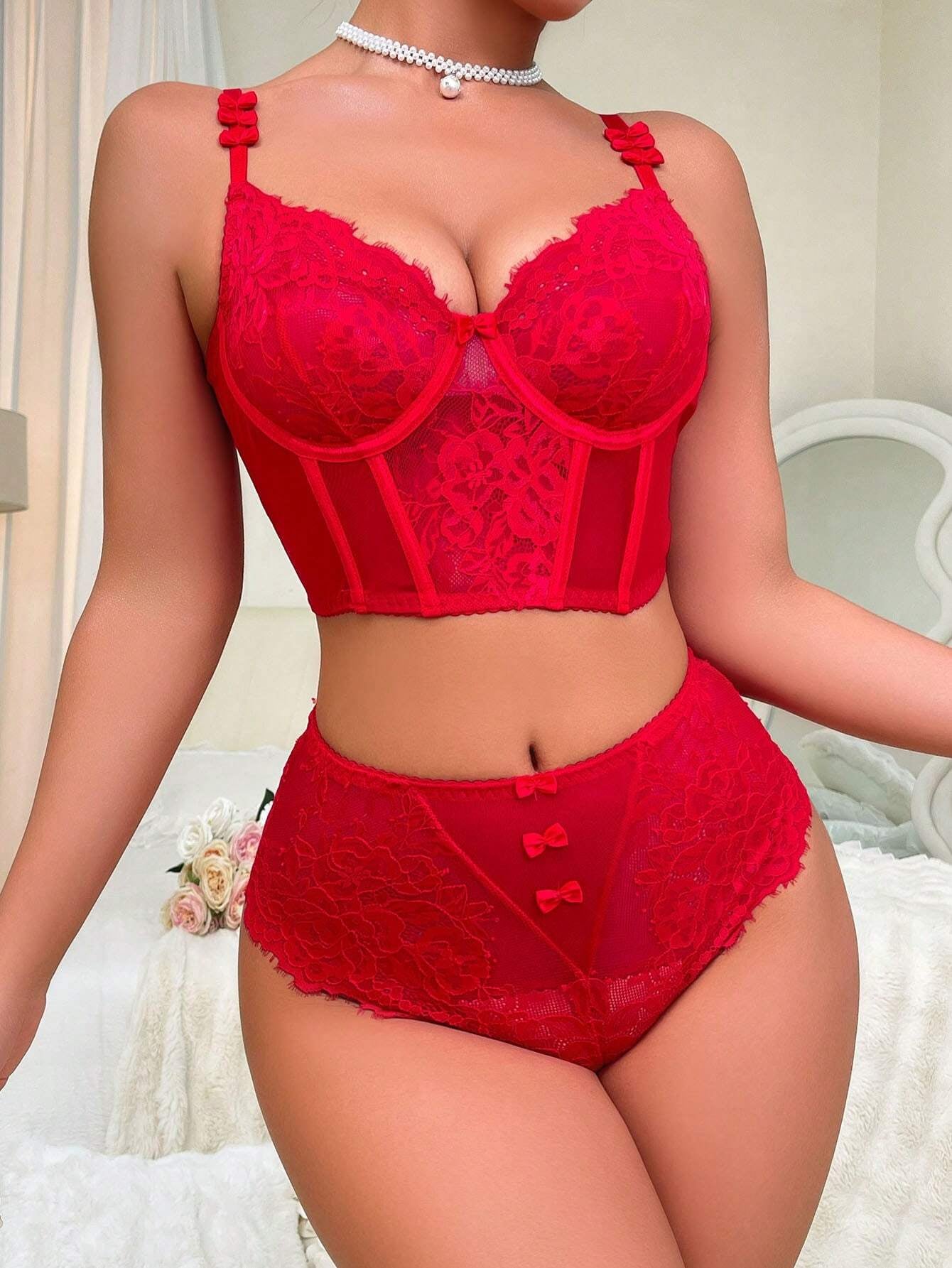 2Pcs Women'S Contrast Lace Underwire Bra & Panty Underwear