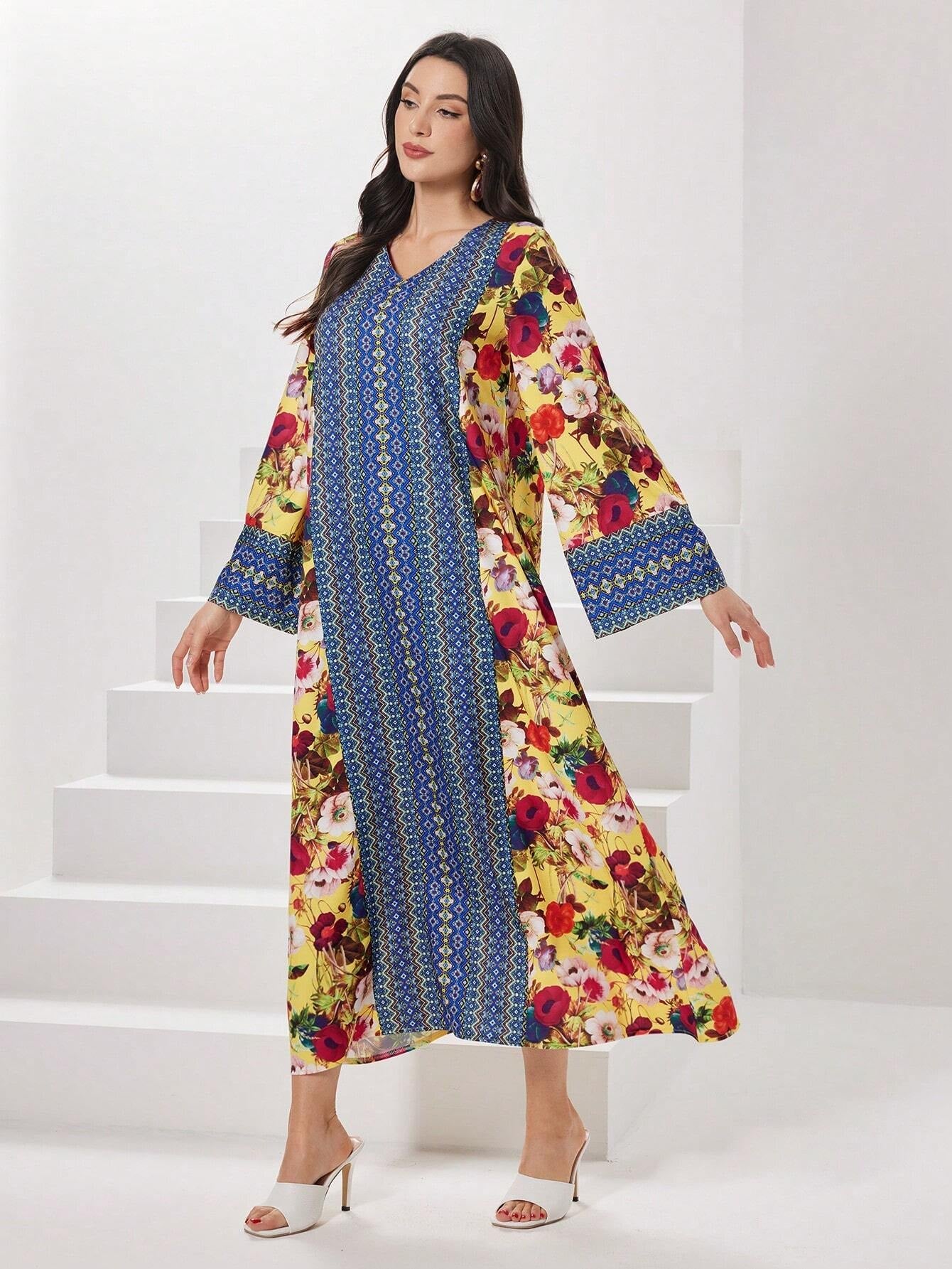 Najma Floral Print V Neck Flounce Sleeve Dress