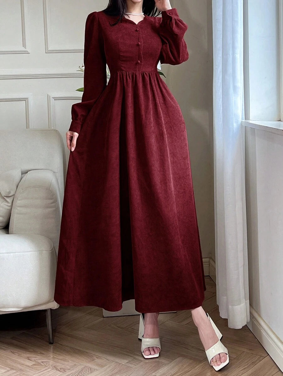 SHEIN Mulvari فستان طويل بسيط كاجوال بأكمام طويلة، أزرار أمامية وبلون أحادي للنساء