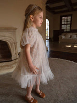 Young Girls' Vintage Floral Patchwork Mesh Bubble Sleeve Dress with Print, Casual Style