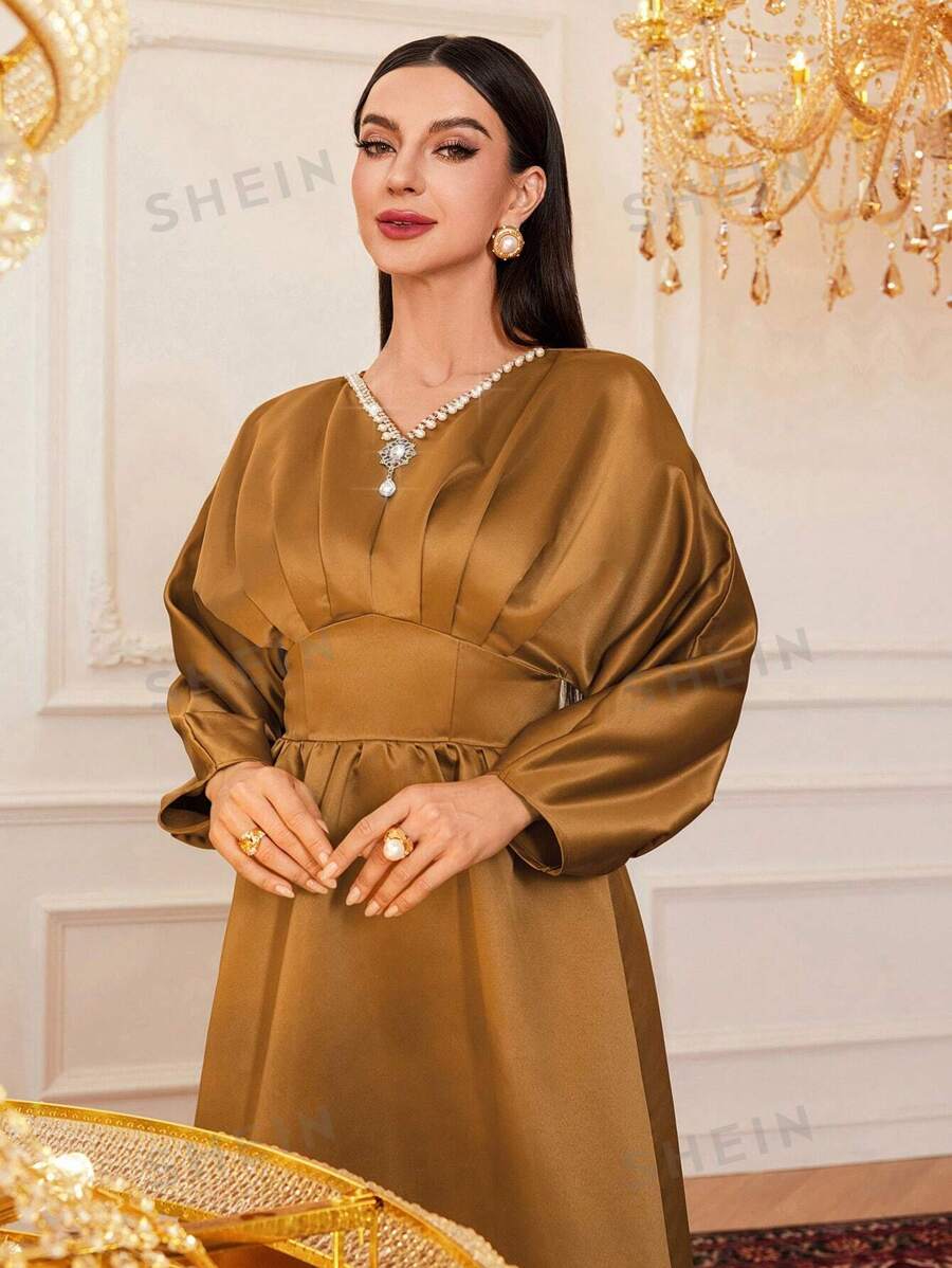 SHEIN Modely فستان نسائي بأكمام الخفاش مزين بخرز اللؤلؤ، فستان سهرة أنيق بطول ماكسي