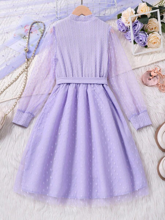 SHEIN Kids فستان بنات اكمام شبكة منتفضة