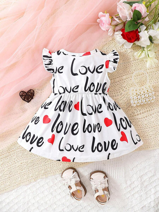 SHEIN Kids فستان بنات صيفي أنيق للفتيات الصغيرات بطبعة حرف وقلب وقوس كبير