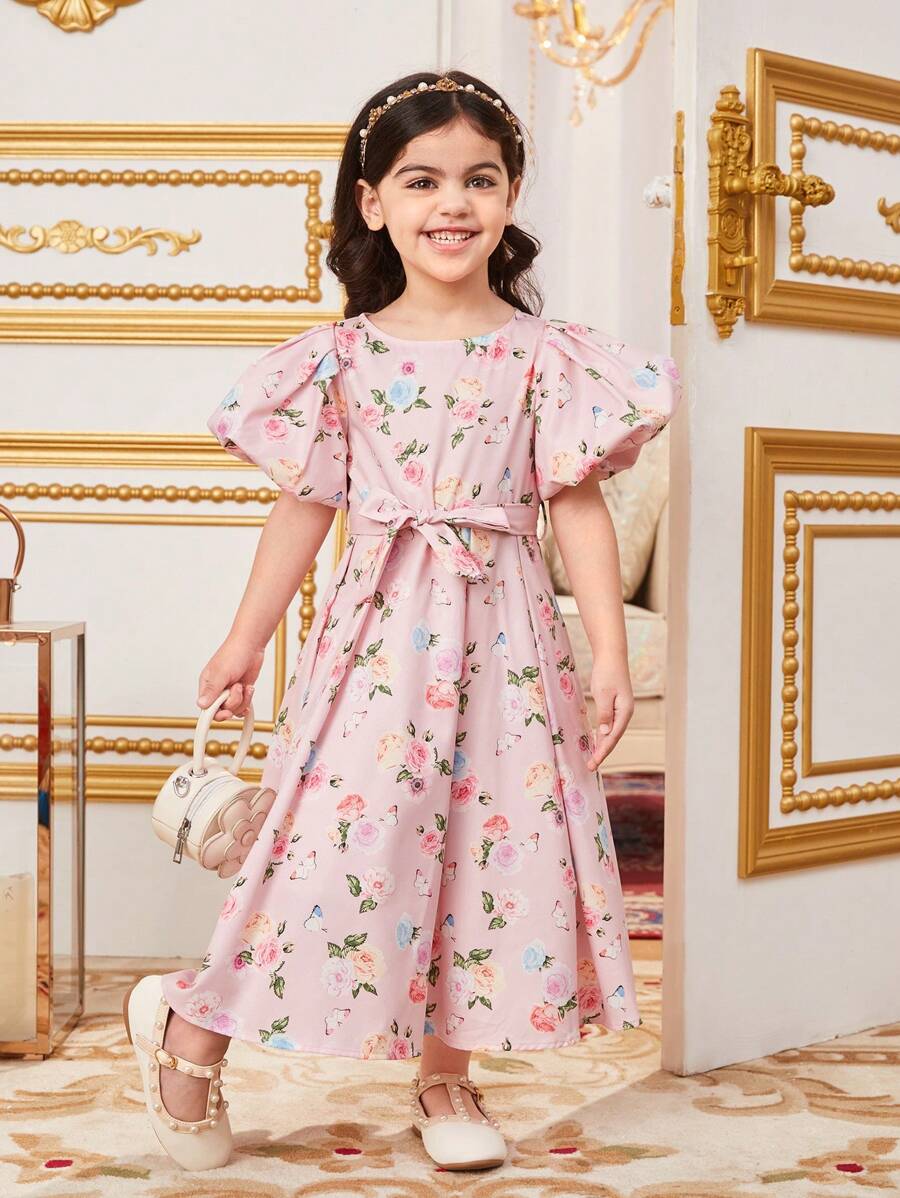 SHEIN Kids فستان بنات زهور أنيق بأكمام منفوخة ورقبة دائرية مع حزام خصر للفتيات الصغيرات