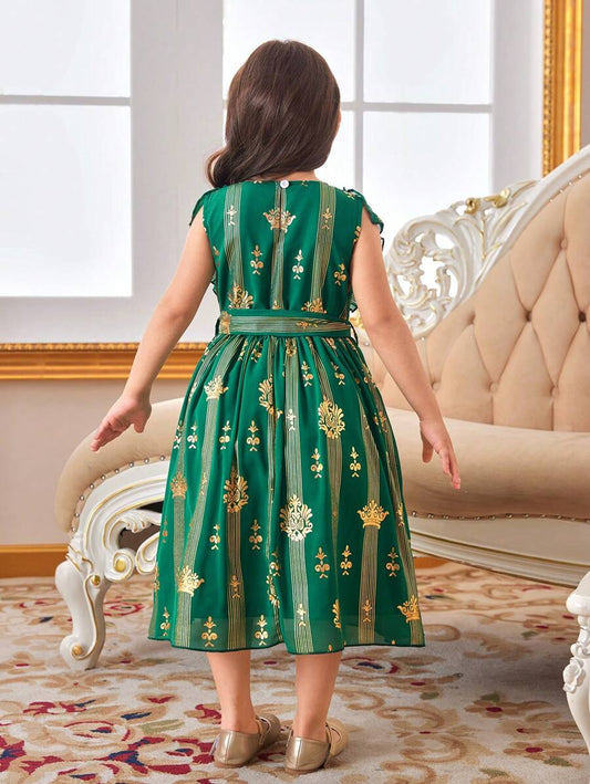 SHEIN Kids فستان بنات صيفي جديد للبنات الصغيرات مع حرفية ورق الذهب، فستان بأسلوب القصر العتيق الفاخر