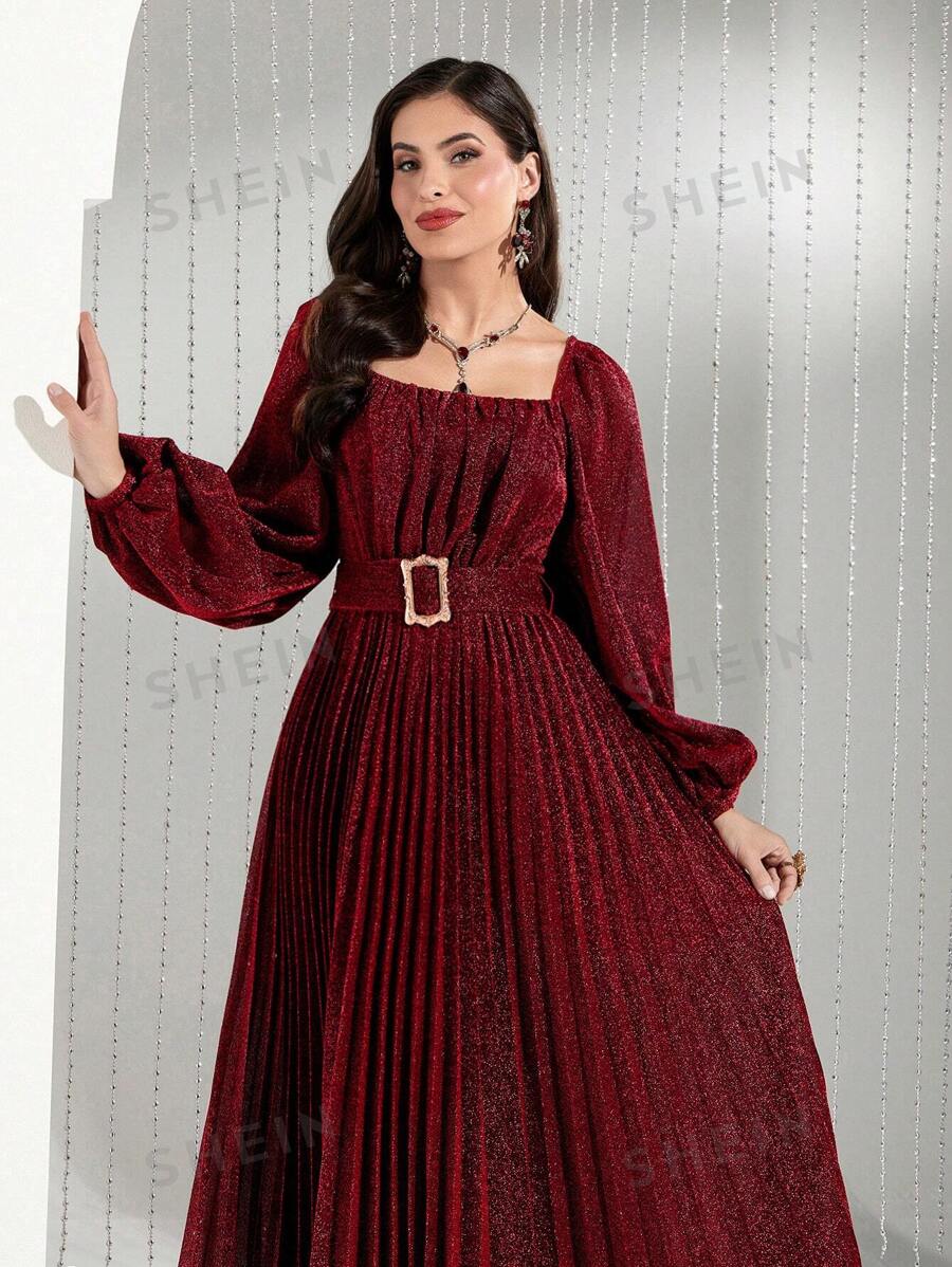 SHEIN Modely فستان نسائي بقصة أيه لاين وأكمام بيجامة مزينة بالبريق وحاشية مجمعة، فستان سهرة طويل أنيق