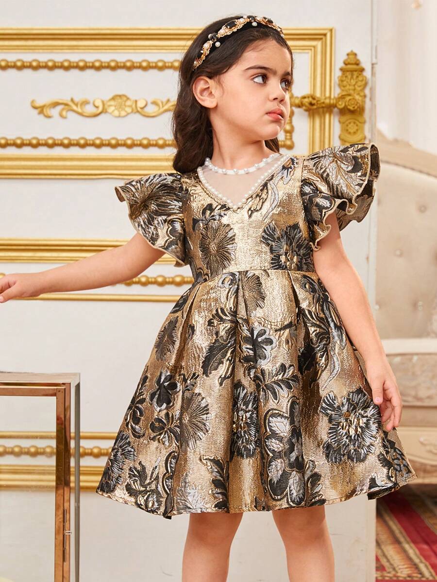 SHEIN Kids فستان بنات مخملي جاكار مزين باللؤلؤ والخرز، ذو أكمام طائرة للفتيات الصغيرات