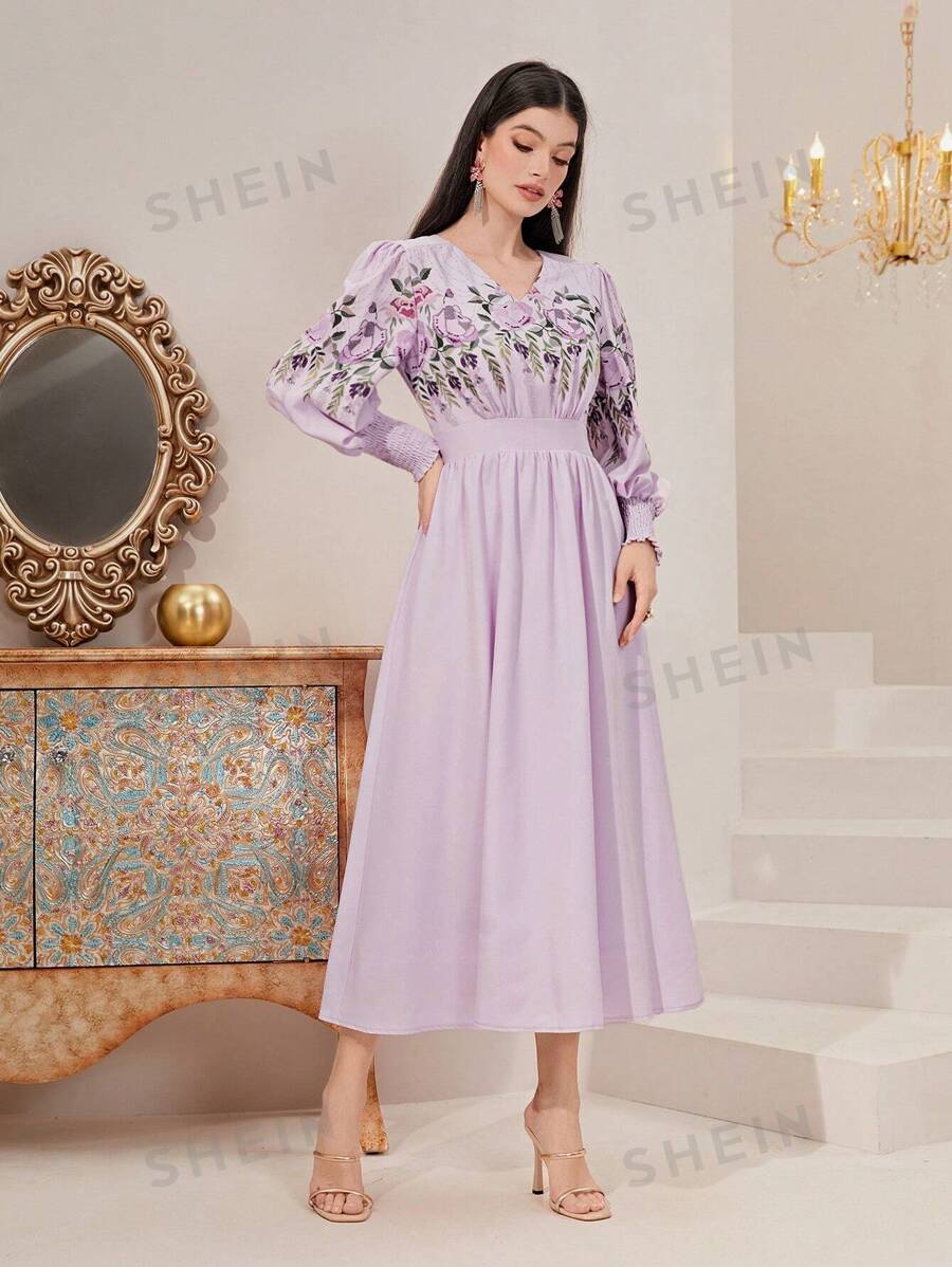 SHEIN Modely فستان بشريط A طباعة الأزهار أكمام فانوس