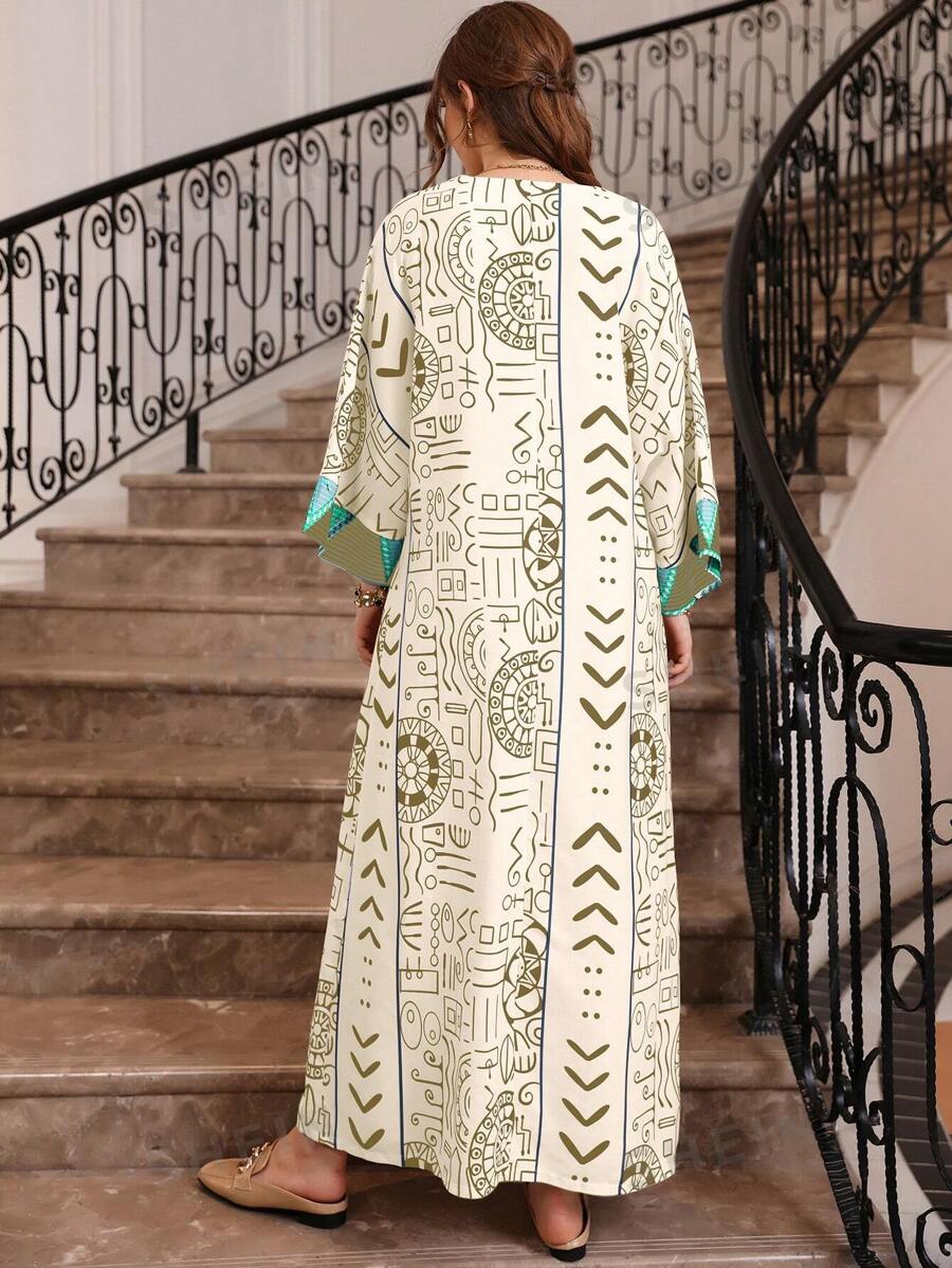 SHEIN Najma قفطان طباعة شامل خط عنق مفتوح اكمام جناح الخفاش