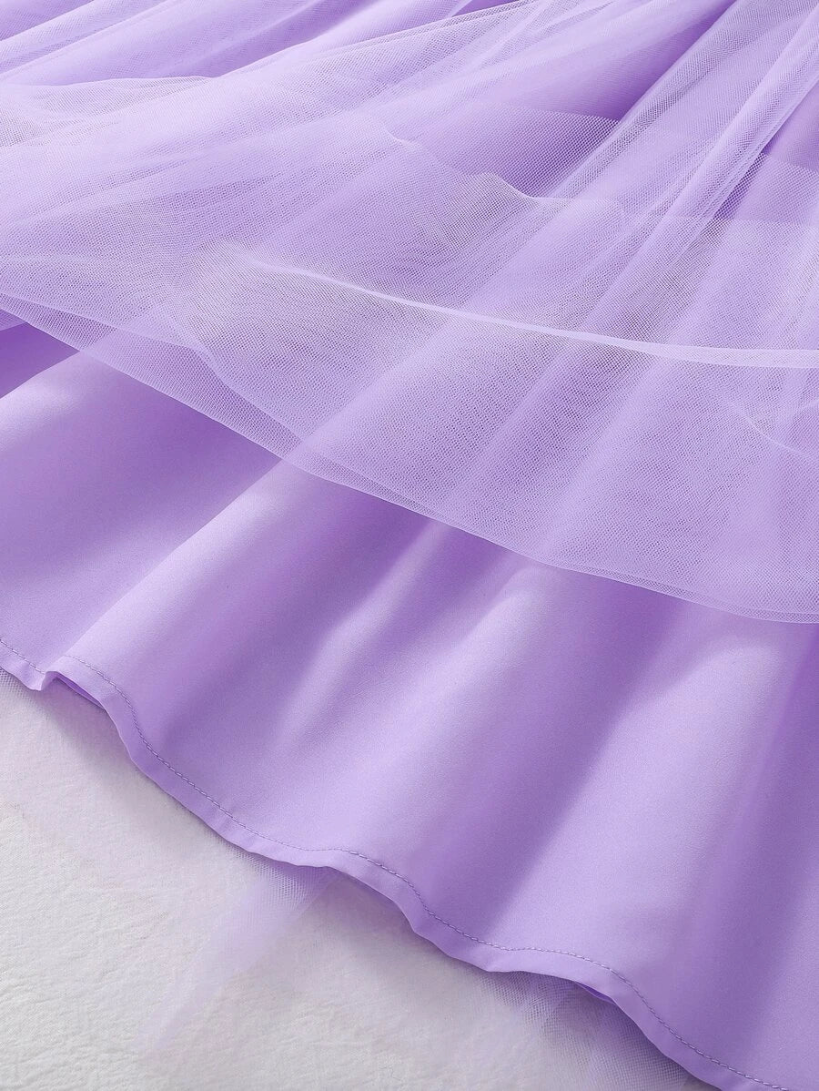 SHEIN Kids CHARMNG فستان بنات فتيات مراهقات طبعات زهور مع تقليم روفل وحاشية من الشبكة
