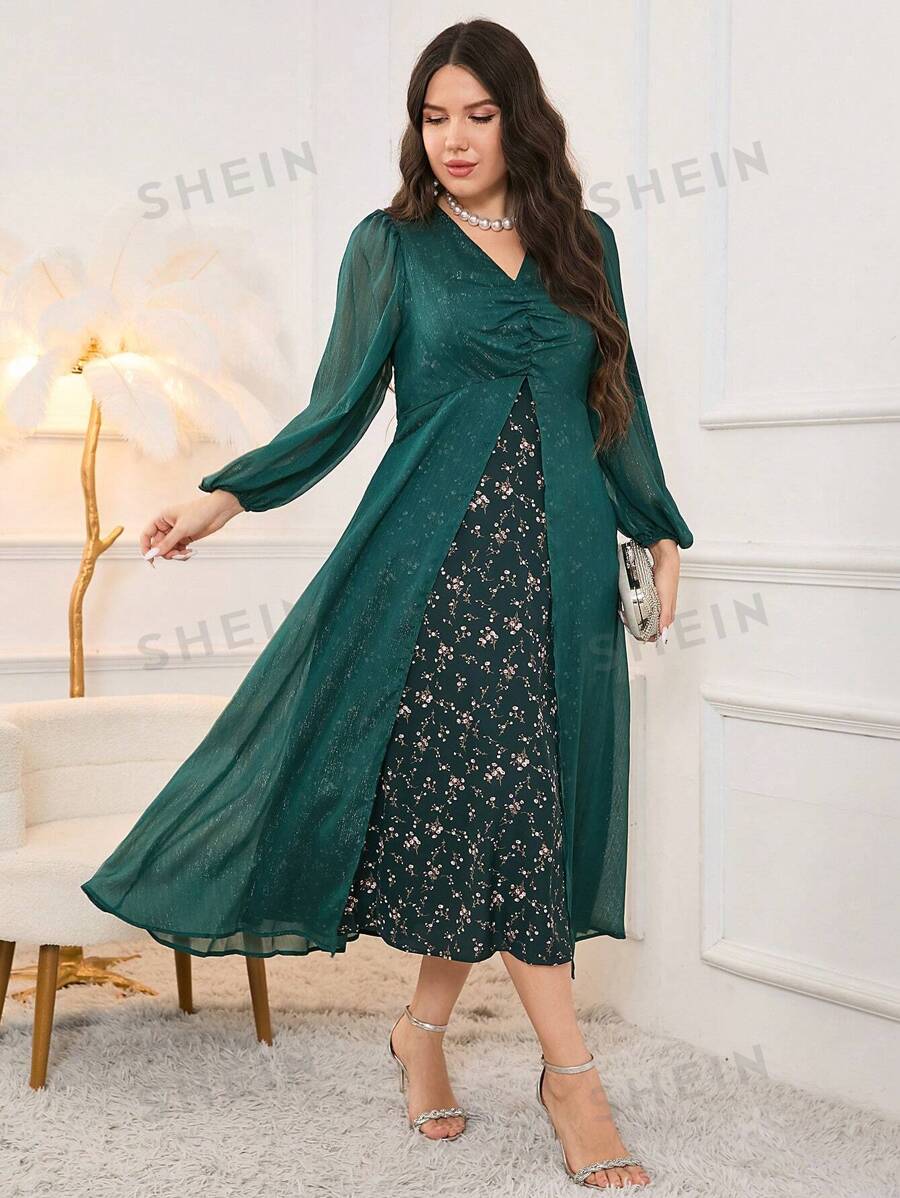 SHEIN Modely فستان بيناتشور بطبعات الزهور الصغيرة وزينة الصدر الرائعة برقبة V، وأكمام اللانترن والزينة السفلية بطبقات، فستان سهرة طويل أنيق للسهرات بمقاس كبير