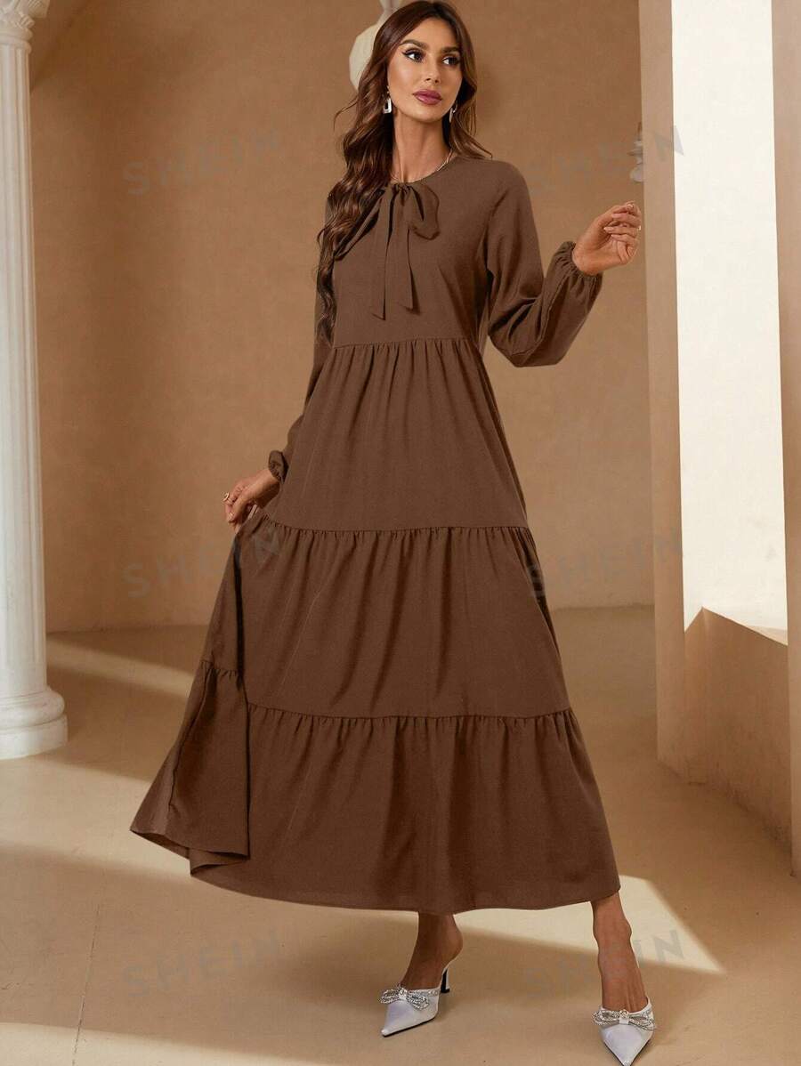 SHEIN Mulvari فستان طويل بأكمام طويلة مطوي بربطة أمامية باللون الواحد - ارتداء يومي عادي، طقم نسائي ماكسي بني اللون