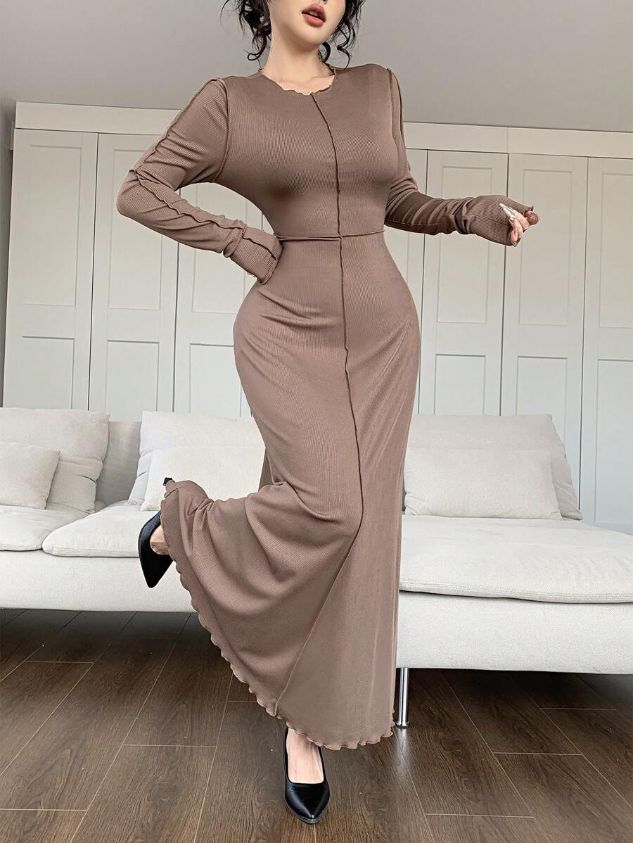 SHEIN Mulvari فستان أنيق بياقة طاقم، أكمام طويلة، بتصميم ذو لون عادي واخدود دائري
