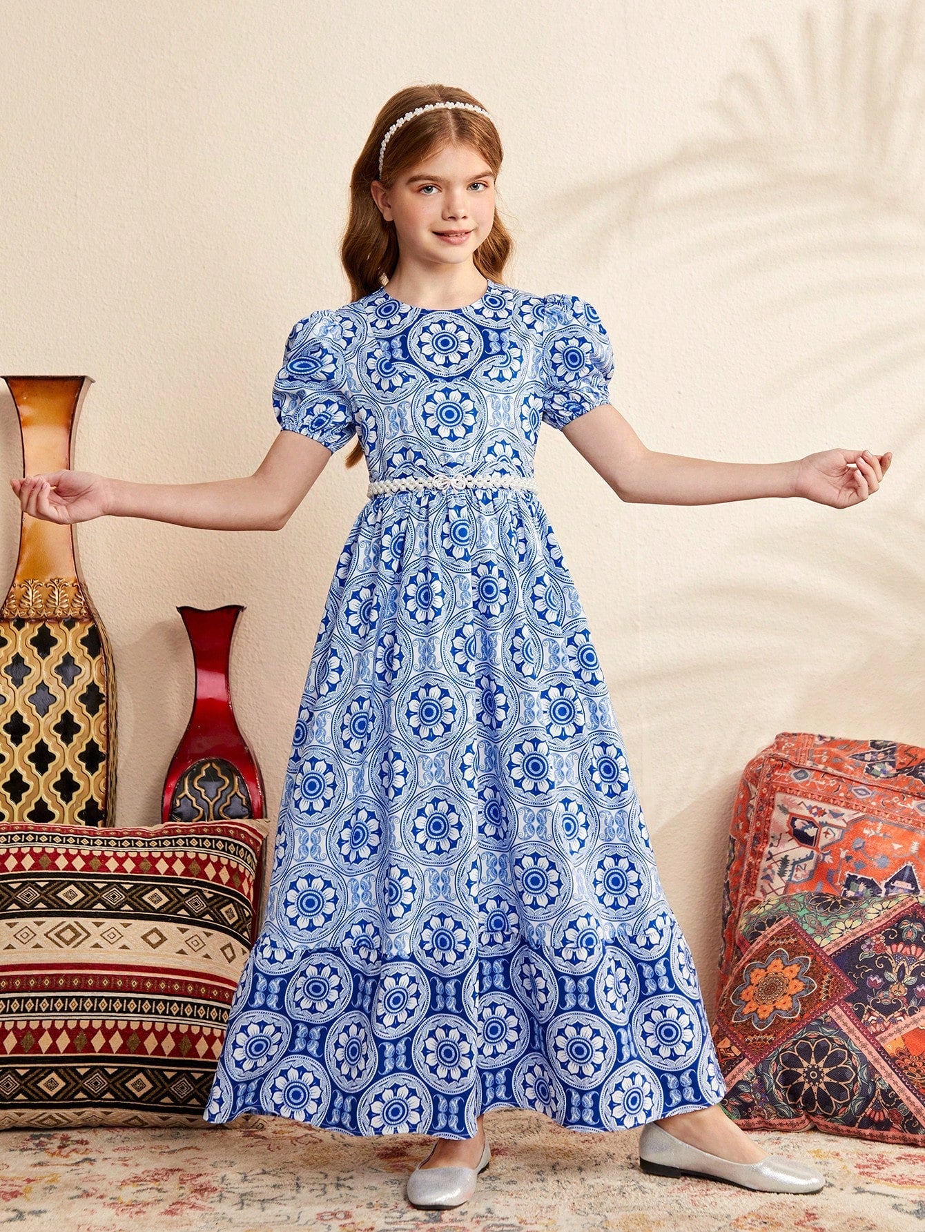 Tween Girls' Gorgeous round Neck Long Floral Patchwork Dress