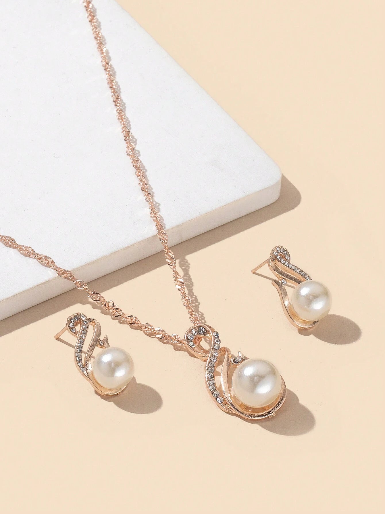 1Pc Charming Water Drop Shaped Rhinestone & Faux Pearl Pendant Necklace and 1Pair Earrings, Birthday/Festival Gift for Women