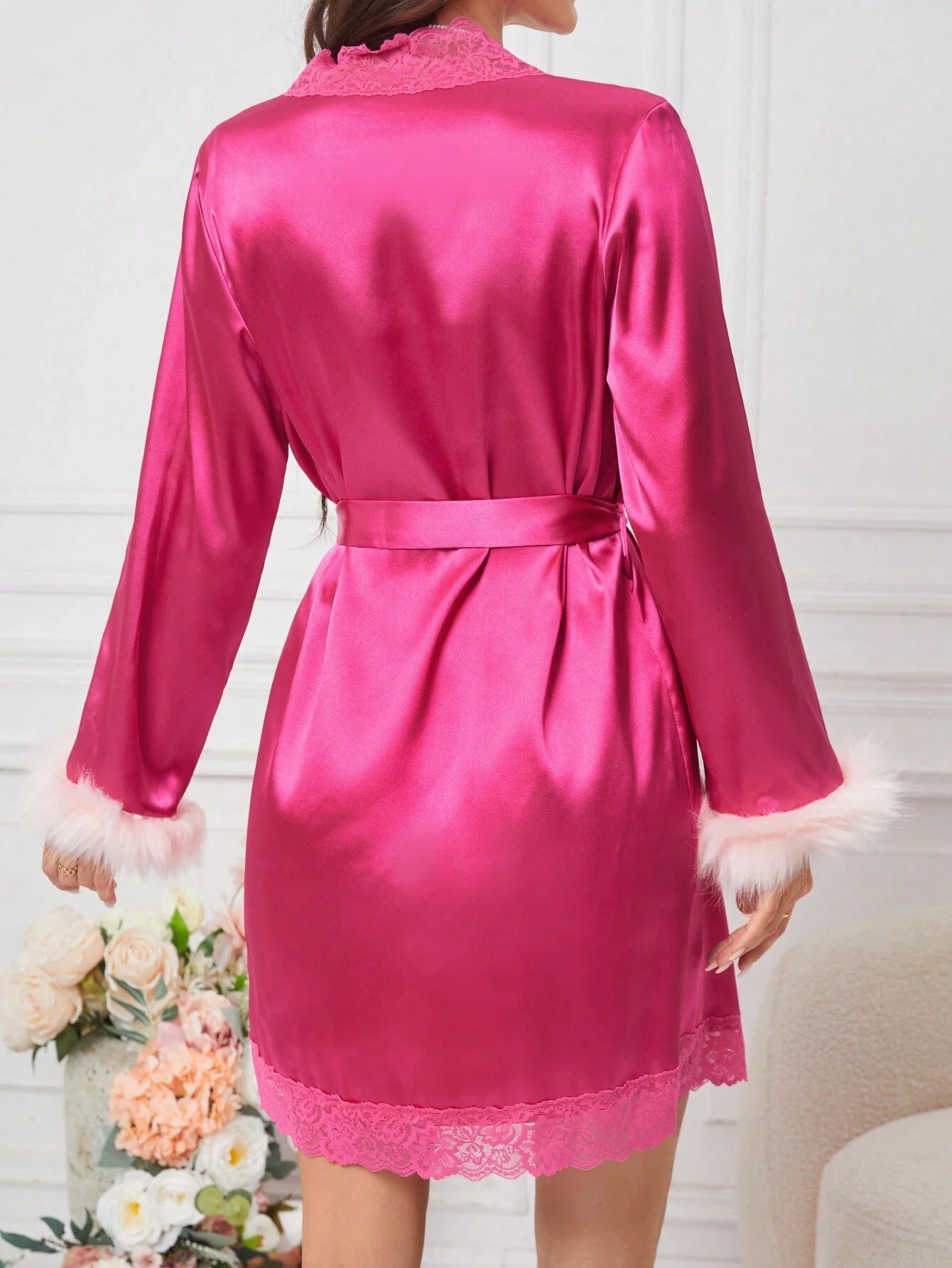 Women'S Lace Patchwork Plush Edging Robe for Sleepwear