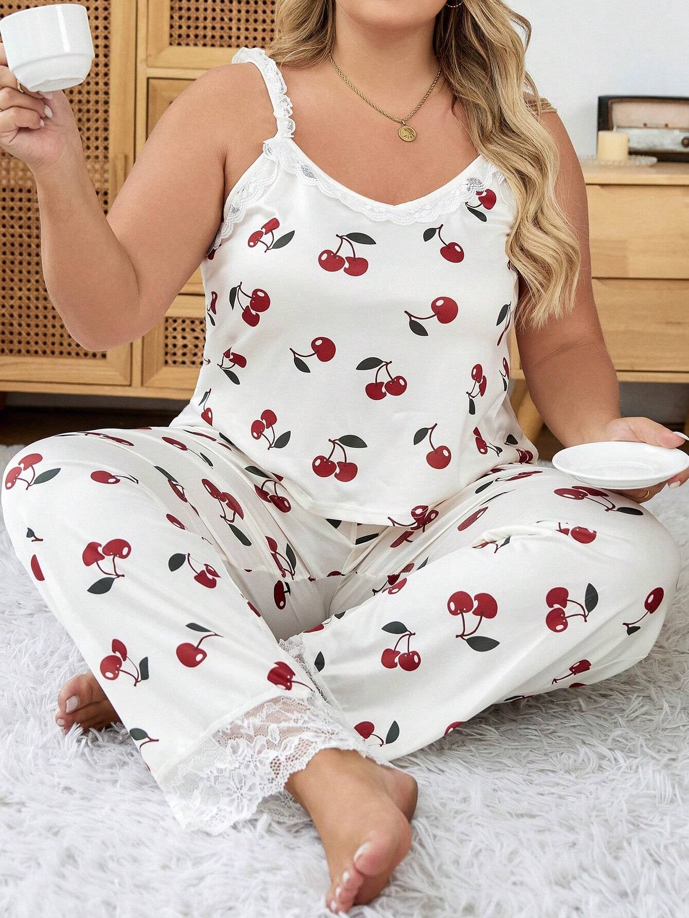Plus Size Cherry Printed Pajama Set