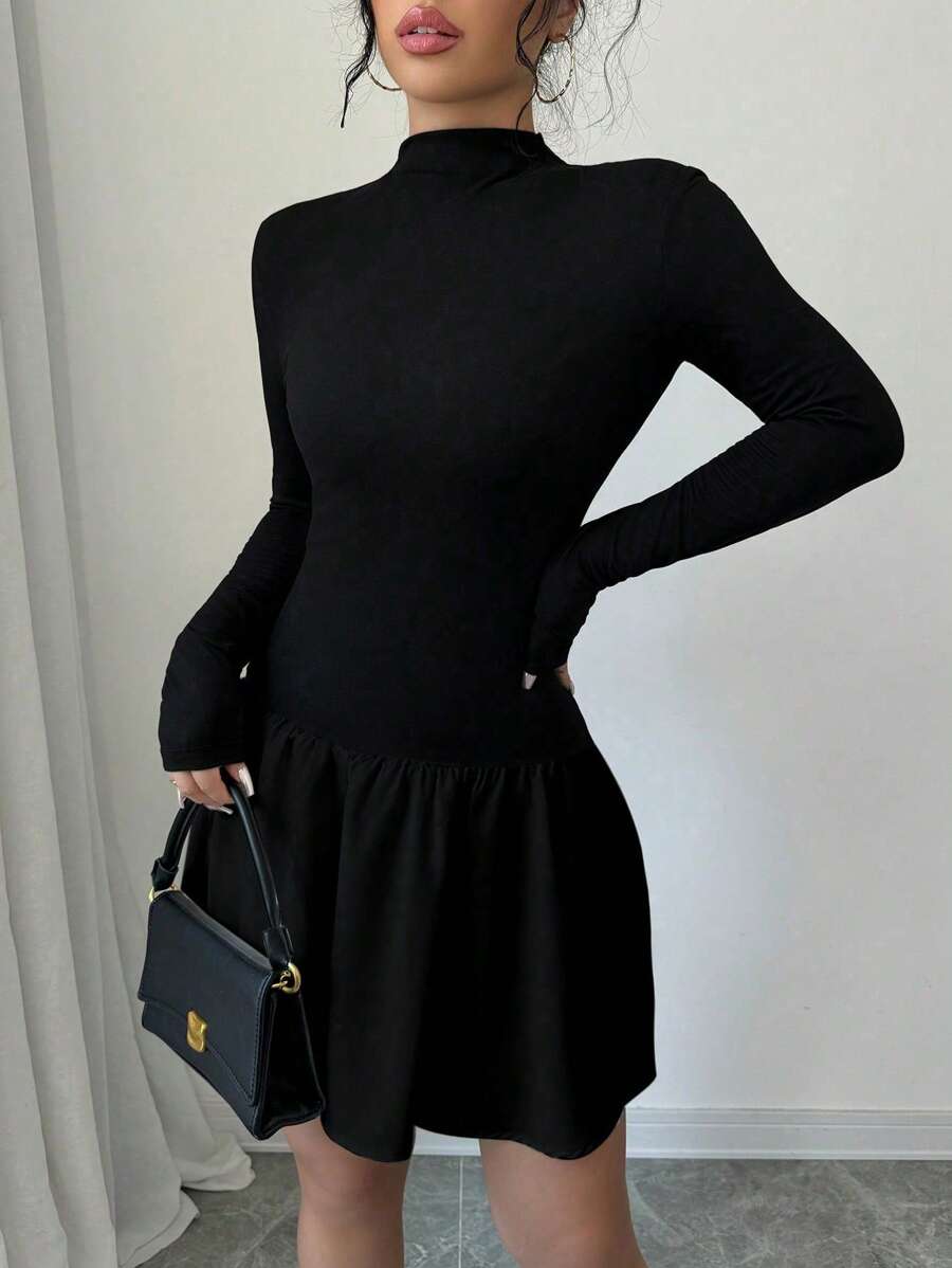 SHEIN Elenzga فستان اسود قصير بأكمام طويلة وياقة مرتفعة