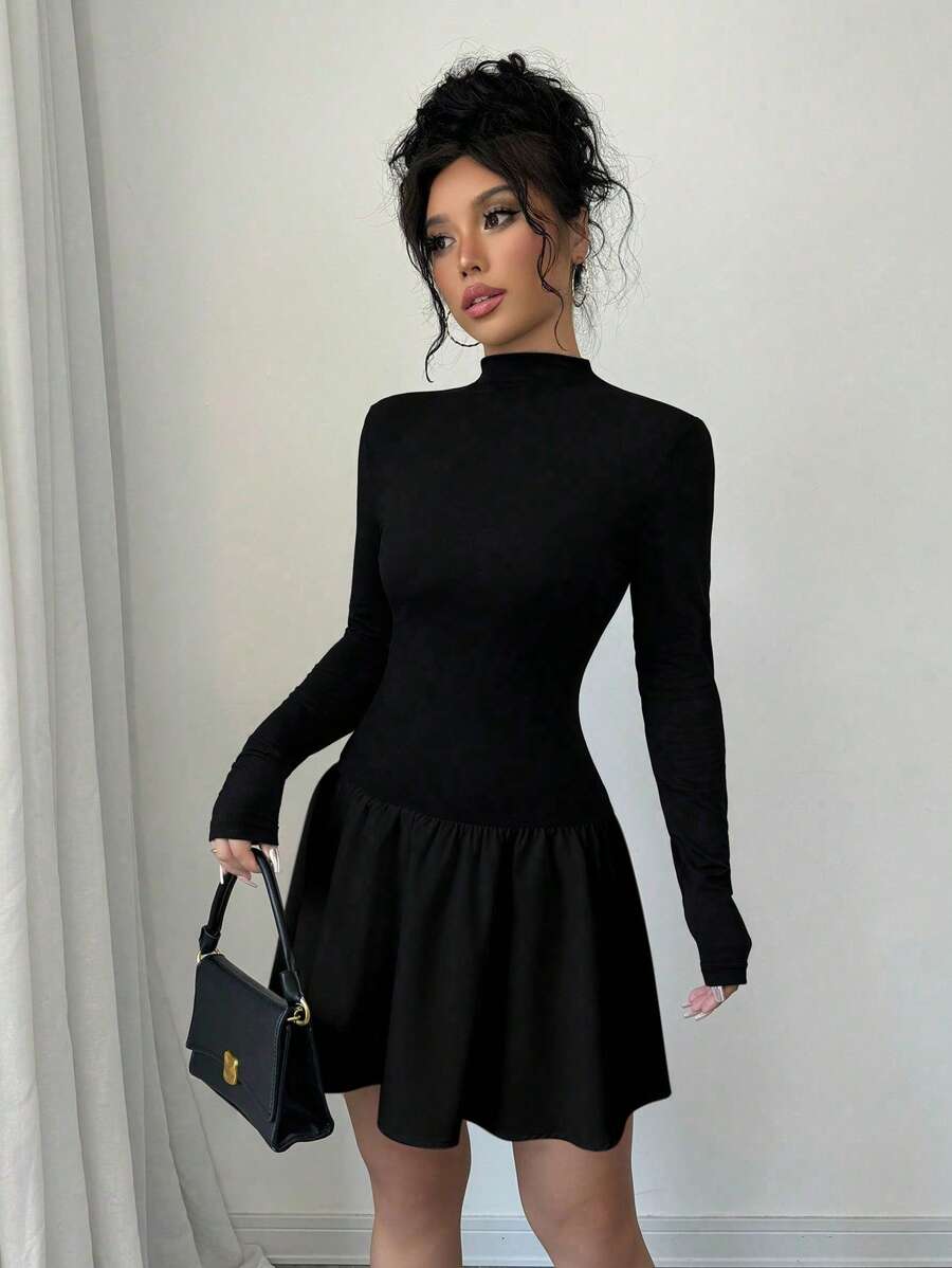 SHEIN Elenzga فستان اسود قصير بأكمام طويلة وياقة مرتفعة