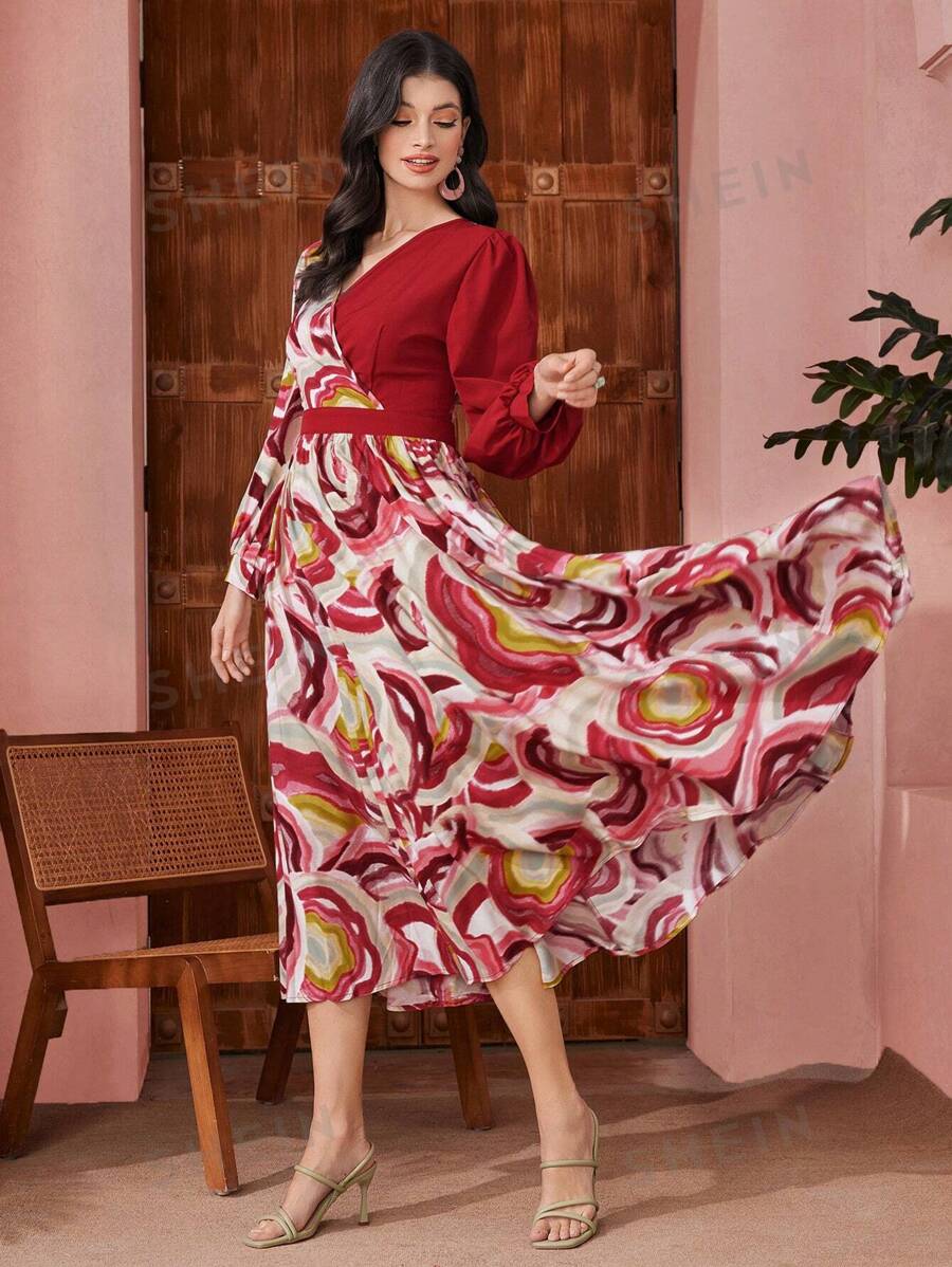 SHEIN Modely فستان نسائي بأكمام فانوسية و قطع ورقية مطبوعة
