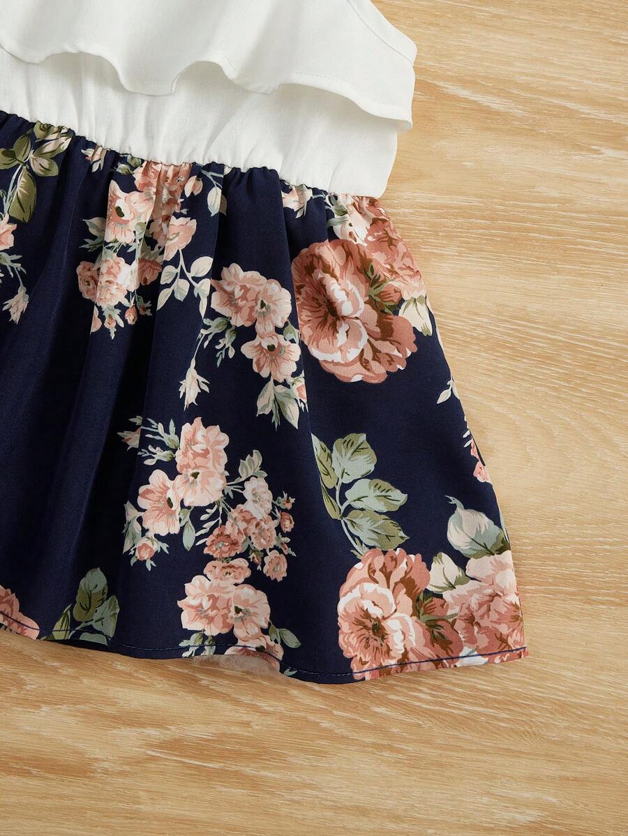 SHEIN Kids فستان بنات أطفال بطبعات زهور وتفاصيل كشكش