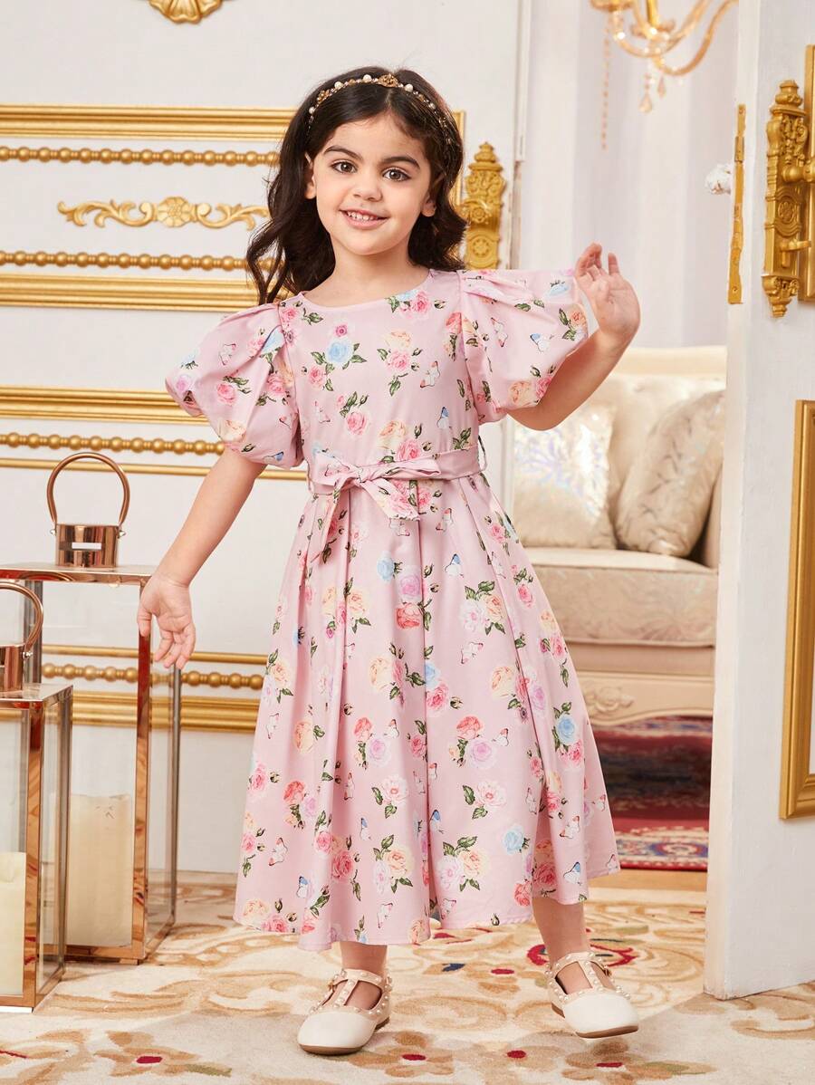 SHEIN Kids فستان بنات زهور أنيق بأكمام منفوخة ورقبة دائرية مع حزام خصر للفتيات الصغيرات