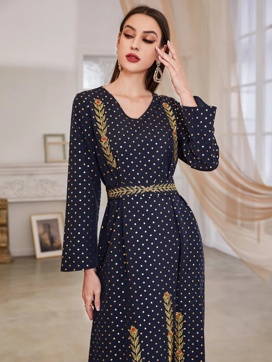 SHEIN Najma فستان تونك بطبعة نقاط بولكا وتطريزات زهور مع حزام