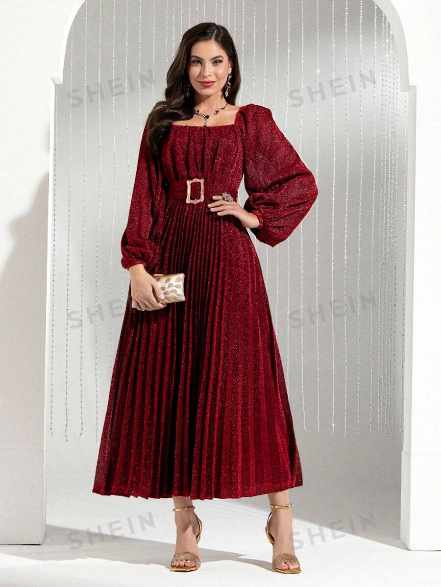 SHEIN Modely فستان نسائي بقصة أيه لاين وأكمام بيجامة مزينة بالبريق وحاشية مجمعة، فستان سهرة طويل أنيق