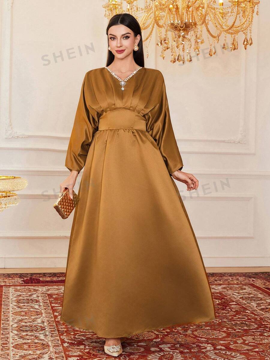 SHEIN Modely فستان نسائي بأكمام الخفاش مزين بخرز اللؤلؤ، فستان سهرة أنيق بطول ماكسي