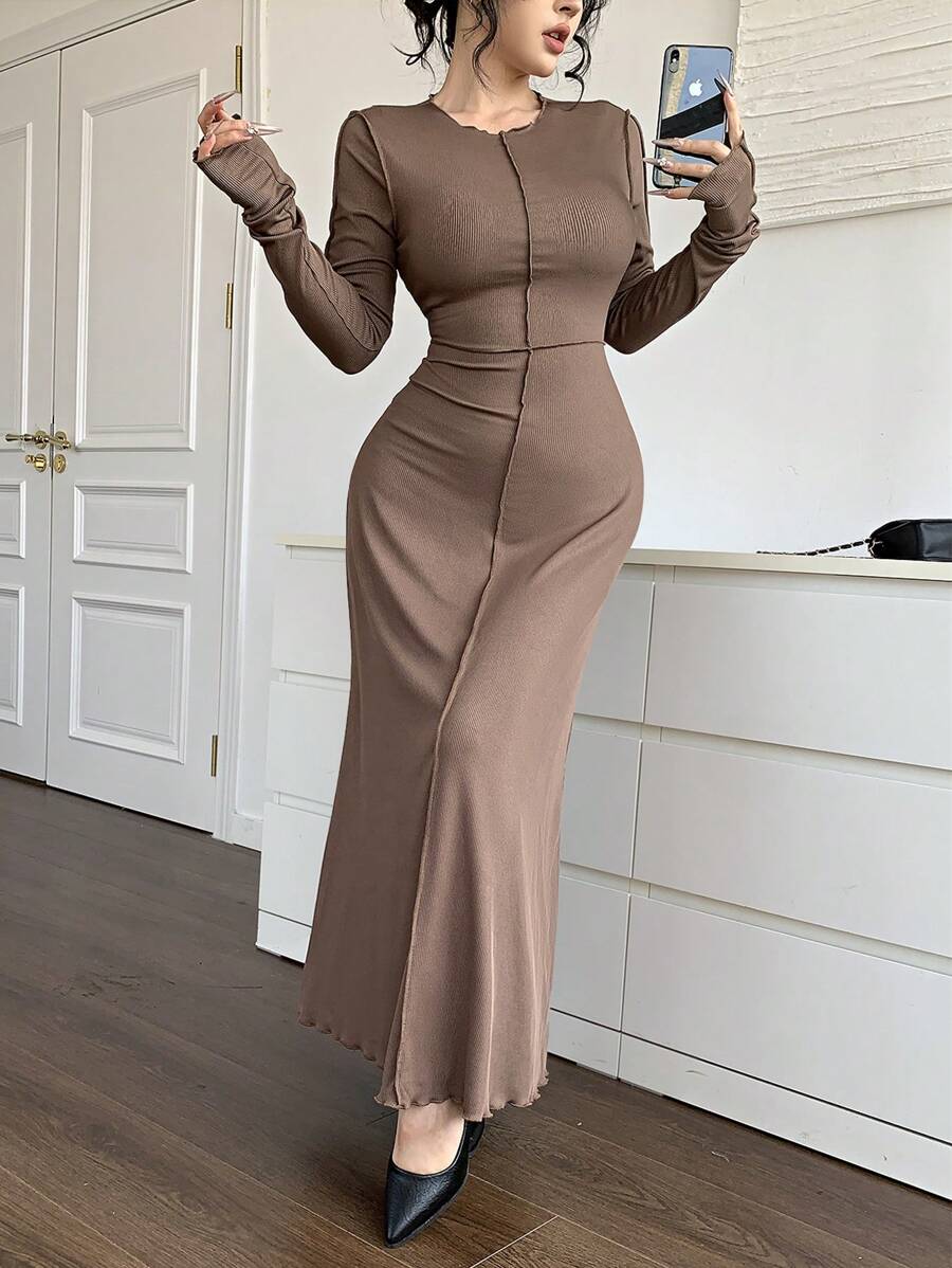 SHEIN Mulvari فستان أنيق بياقة طاقم، أكمام طويلة، بتصميم ذو لون عادي واخدود دائري