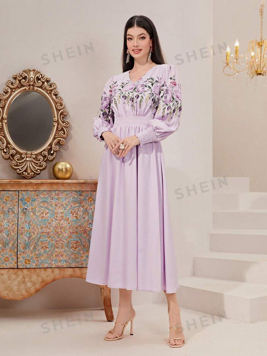 SHEIN Modely فستان بشريط A طباعة الأزهار أكمام فانوس